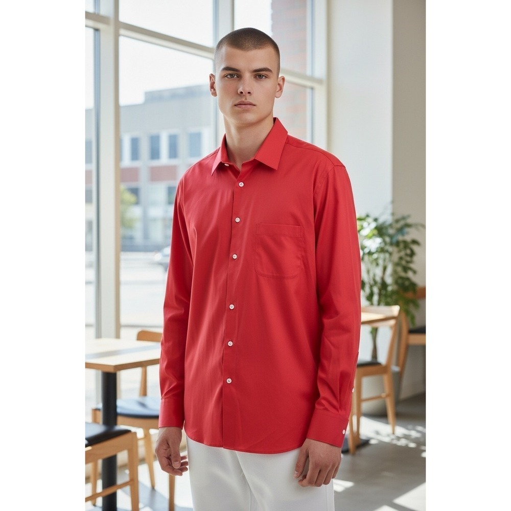 Murano Liquid Cotton Red Button Down Shirt Mens 17.5 35 Long Sleeve Stretch